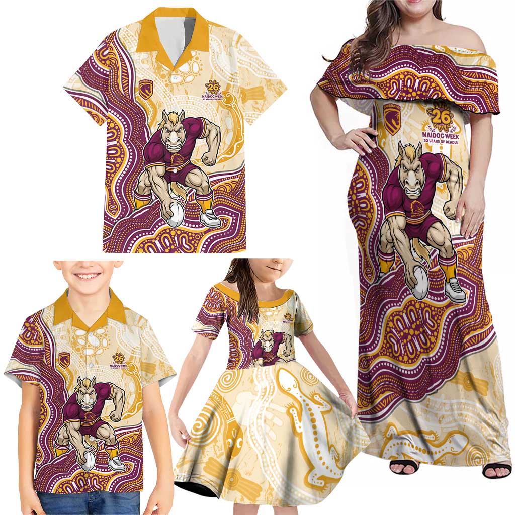 Brisbane Broncos NAIDOC Week 2026 Family Matching Off Shoulder Maxi Dress and Hawaiian Shirt First Nations of Australia Aboriginal Mascot Rugby