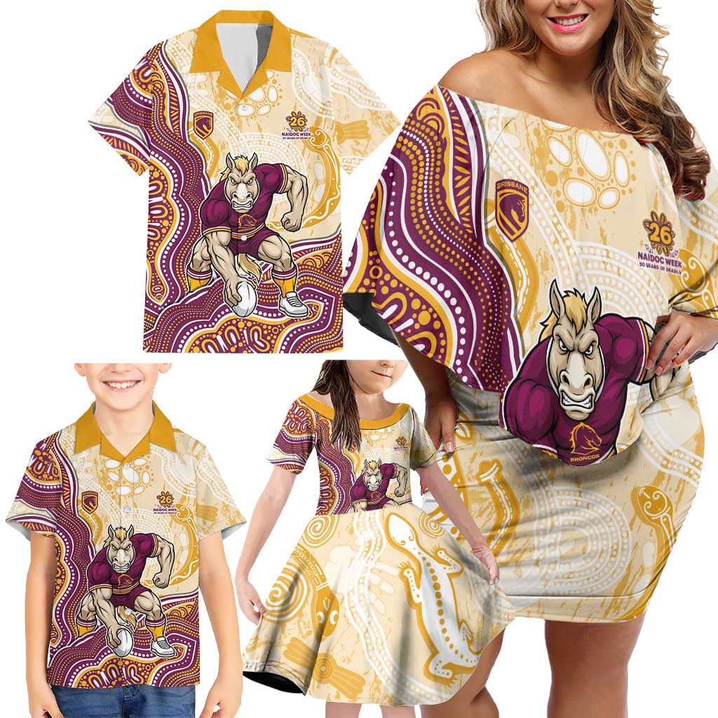 Brisbane Broncos NAIDOC Week 2026 Family Matching Off Shoulder Short Dress and Hawaiian Shirt First Nations of Australia Aboriginal Mascot Rugby