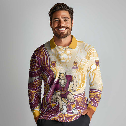 Brisbane Broncos NAIDOC Week 2026 Long Sleeve Polo Shirt First Nations of Australia Aboriginal Mascot Rugby