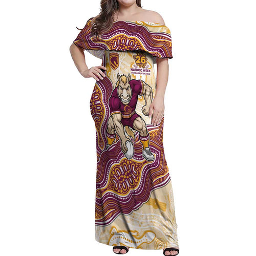 Brisbane Broncos NAIDOC Week 2026 Off Shoulder Maxi Dress First Nations of Australia Aboriginal Mascot Rugby