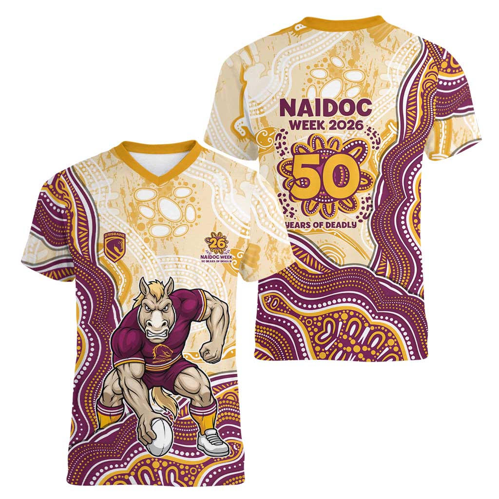 Brisbane Broncos NAIDOC Week 2026 Women V-Neck T-Shirt First Nations of Australia Aboriginal Mascot Rugby