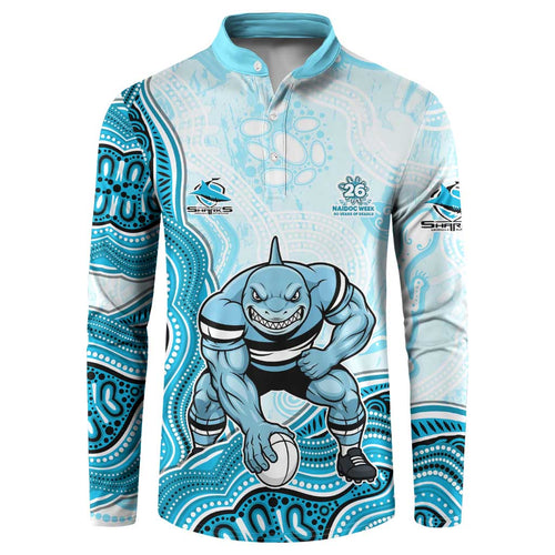 Cronulla Sharks NAIDOC Week 2026 Button Sweatshirt First Nations of Australia Aboriginal Mascot Rugby