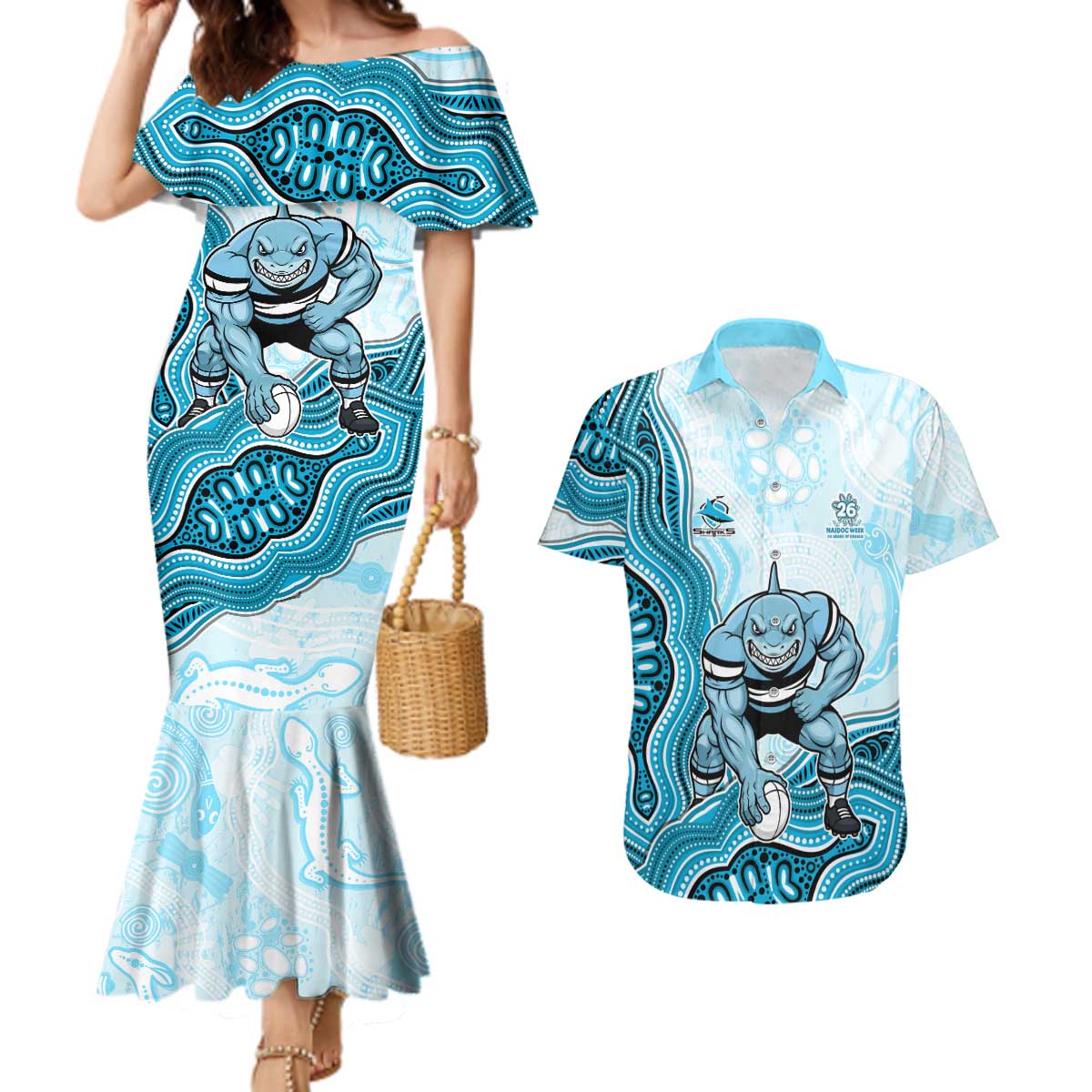 Cronulla Sharks NAIDOC Week 2026 Couples Matching Mermaid Dress and Hawaiian Shirt First Nations of Australia Aboriginal Mascot Rugby