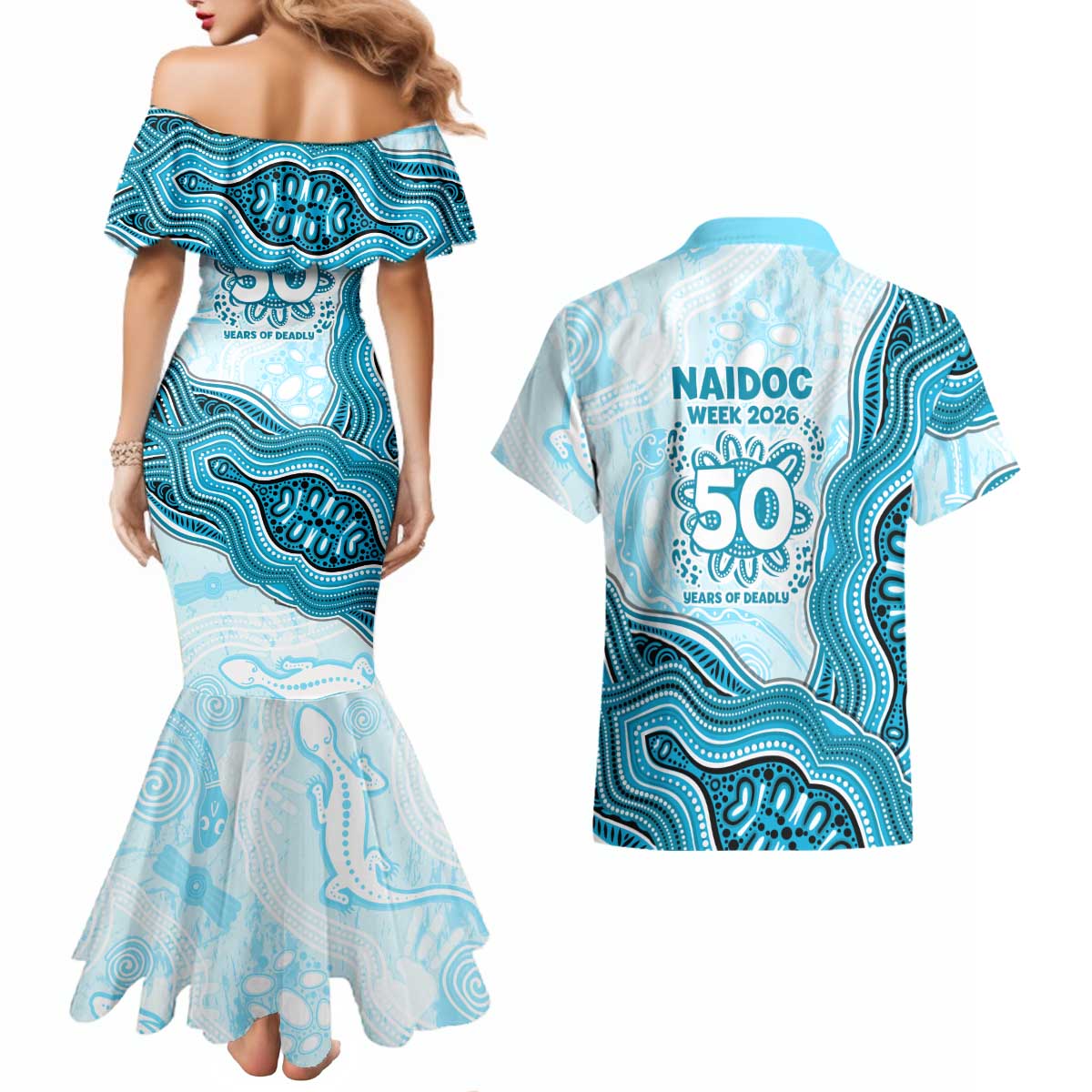 Cronulla Sharks NAIDOC Week 2026 Couples Matching Mermaid Dress and Hawaiian Shirt First Nations of Australia Aboriginal Mascot Rugby