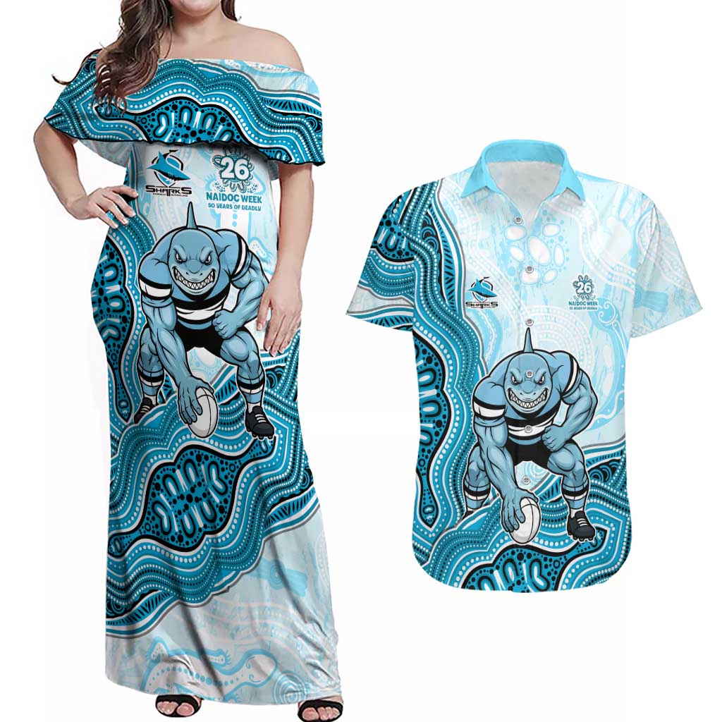 Cronulla Sharks NAIDOC Week 2026 Couples Matching Off Shoulder Maxi Dress and Hawaiian Shirt First Nations of Australia Aboriginal Mascot Rugby