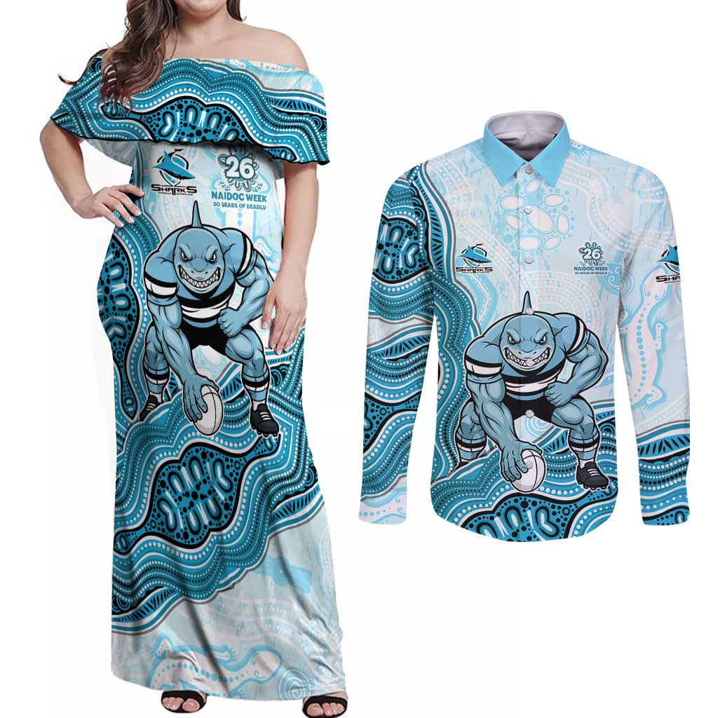 Cronulla Sharks NAIDOC Week 2026 Couples Matching Off Shoulder Maxi Dress and Long Sleeve Button Shirt First Nations of Australia Aboriginal Mascot Rugby