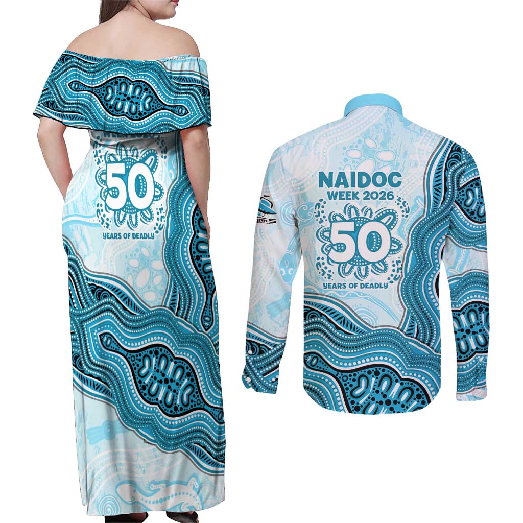 Cronulla Sharks NAIDOC Week 2026 Couples Matching Off Shoulder Maxi Dress and Long Sleeve Button Shirt First Nations of Australia Aboriginal Mascot Rugby