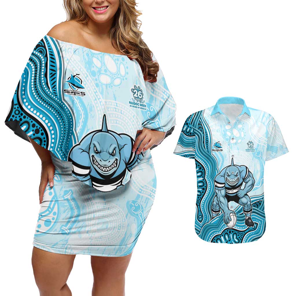 Cronulla Sharks NAIDOC Week 2026 Couples Matching Off Shoulder Short Dress and Hawaiian Shirt First Nations of Australia Aboriginal Mascot Rugby