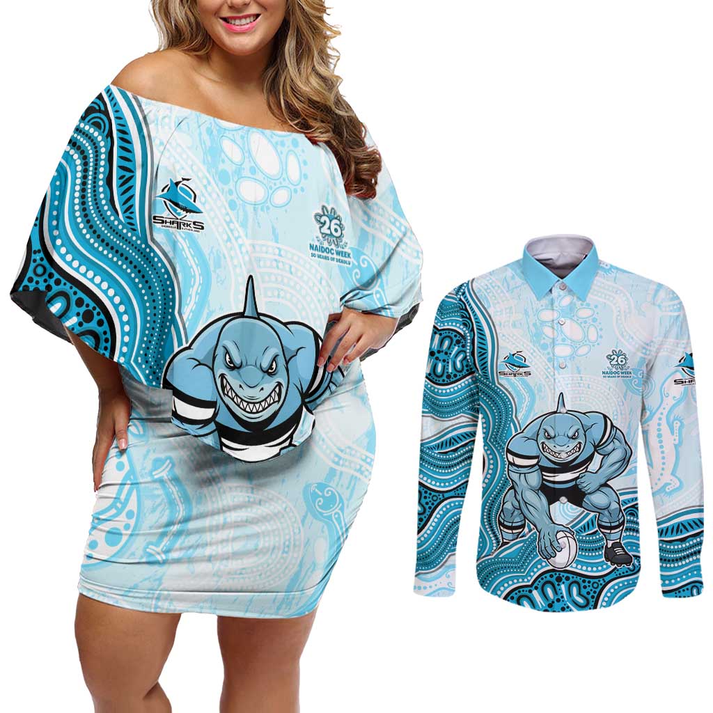 Cronulla Sharks NAIDOC Week 2026 Couples Matching Off Shoulder Short Dress and Long Sleeve Button Shirt First Nations of Australia Aboriginal Mascot Rugby