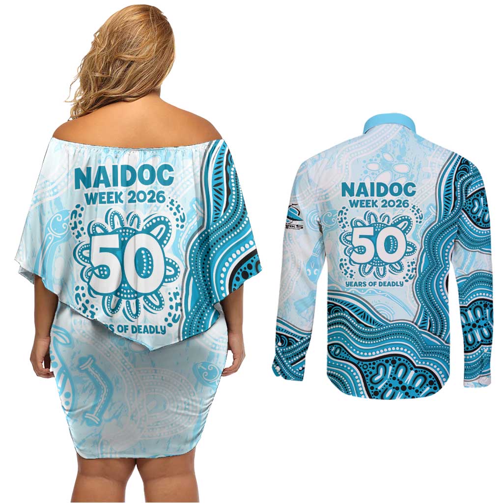 Cronulla Sharks NAIDOC Week 2026 Couples Matching Off Shoulder Short Dress and Long Sleeve Button Shirt First Nations of Australia Aboriginal Mascot Rugby