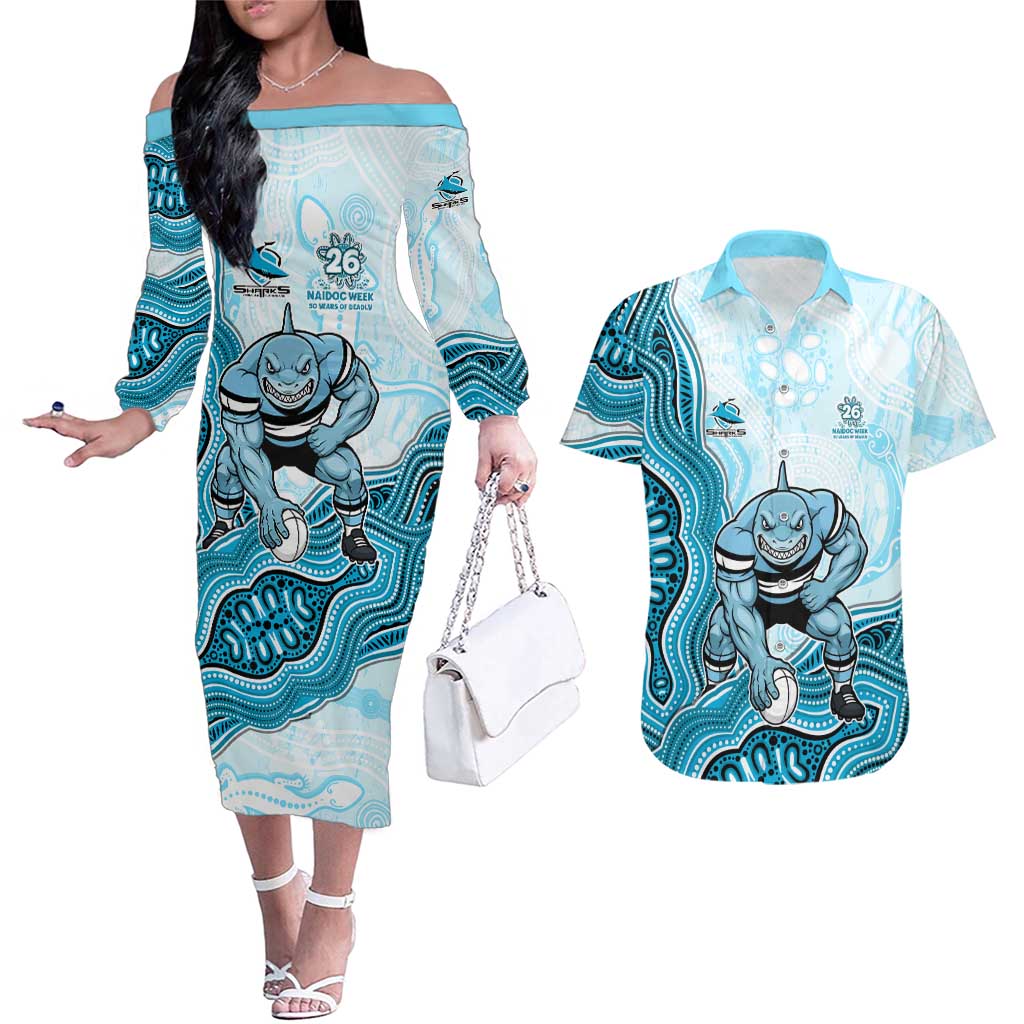 Cronulla Sharks NAIDOC Week 2026 Couples Matching Off The Shoulder Long Sleeve Dress and Hawaiian Shirt First Nations of Australia Aboriginal Mascot Rugby