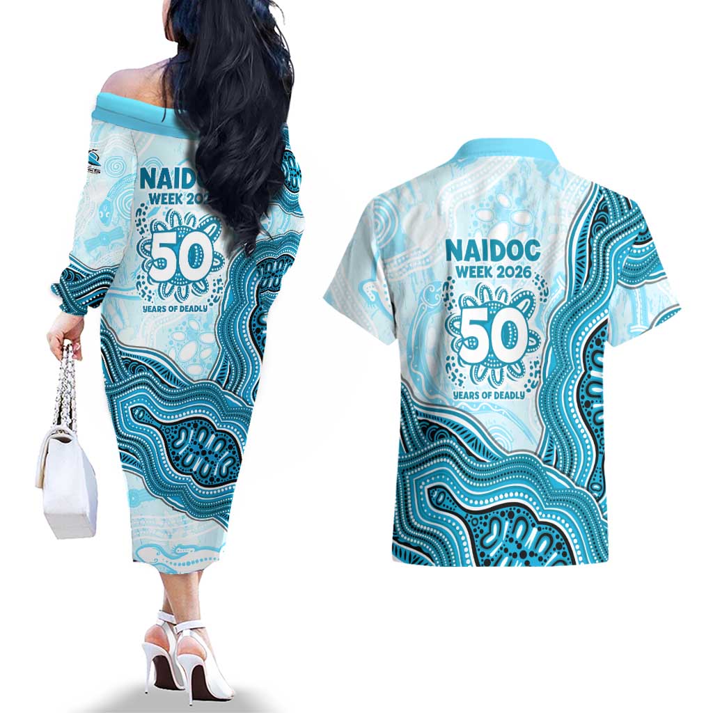 Cronulla Sharks NAIDOC Week 2026 Couples Matching Off The Shoulder Long Sleeve Dress and Hawaiian Shirt First Nations of Australia Aboriginal Mascot Rugby