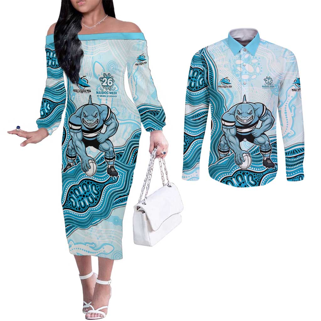 Cronulla Sharks NAIDOC Week 2026 Couples Matching Off The Shoulder Long Sleeve Dress and Long Sleeve Button Shirt First Nations of Australia Aboriginal Mascot Rugby