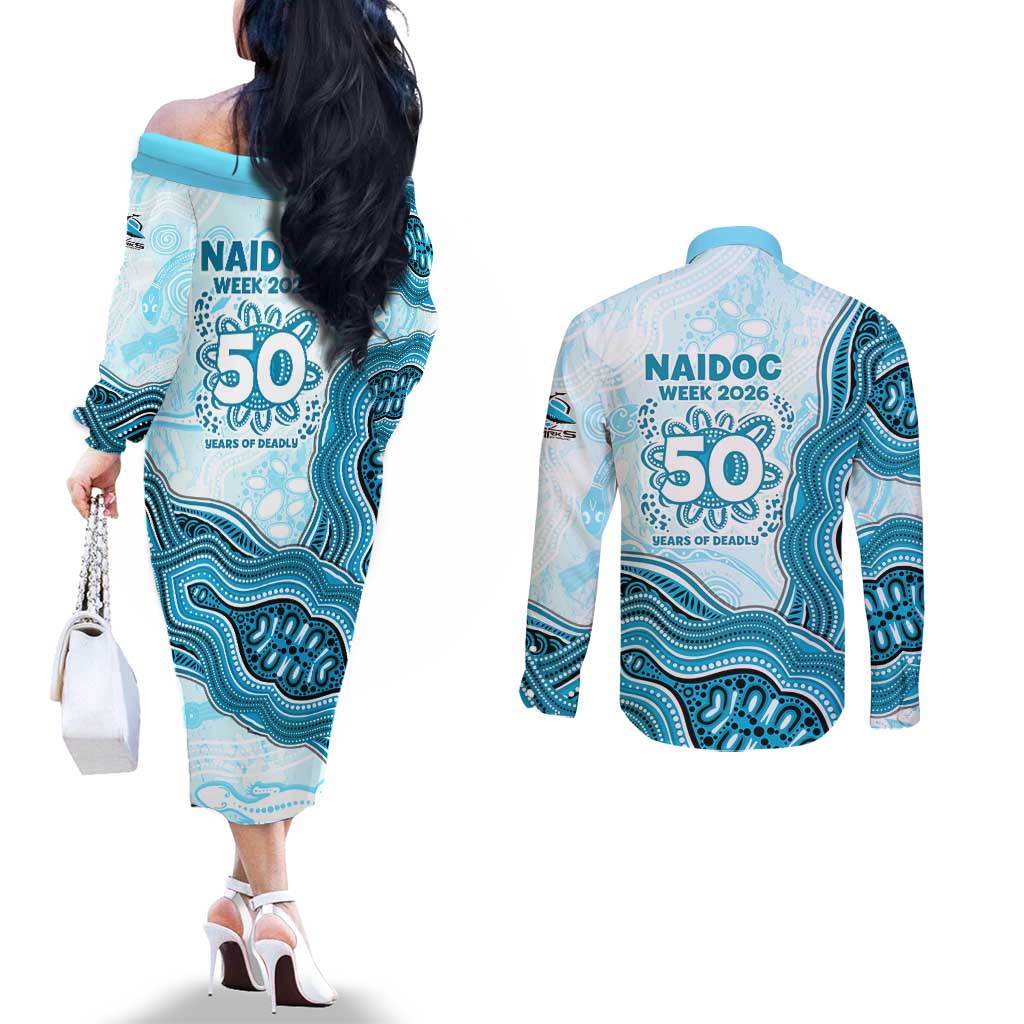 Cronulla Sharks NAIDOC Week 2026 Couples Matching Off The Shoulder Long Sleeve Dress and Long Sleeve Button Shirt First Nations of Australia Aboriginal Mascot Rugby
