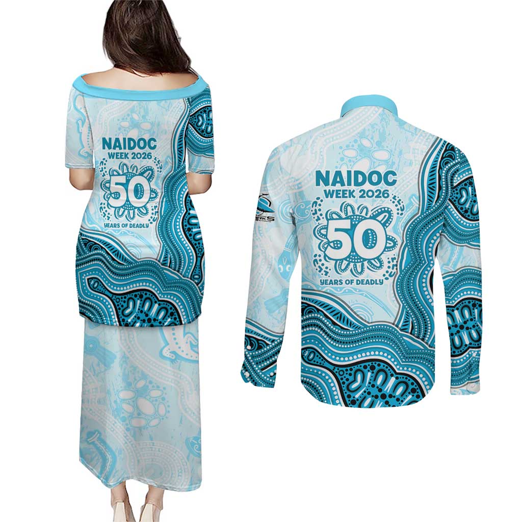 Cronulla Sharks NAIDOC Week 2026 Couples Matching Puletasi and Long Sleeve Button Shirt First Nations of Australia Aboriginal Mascot Rugby