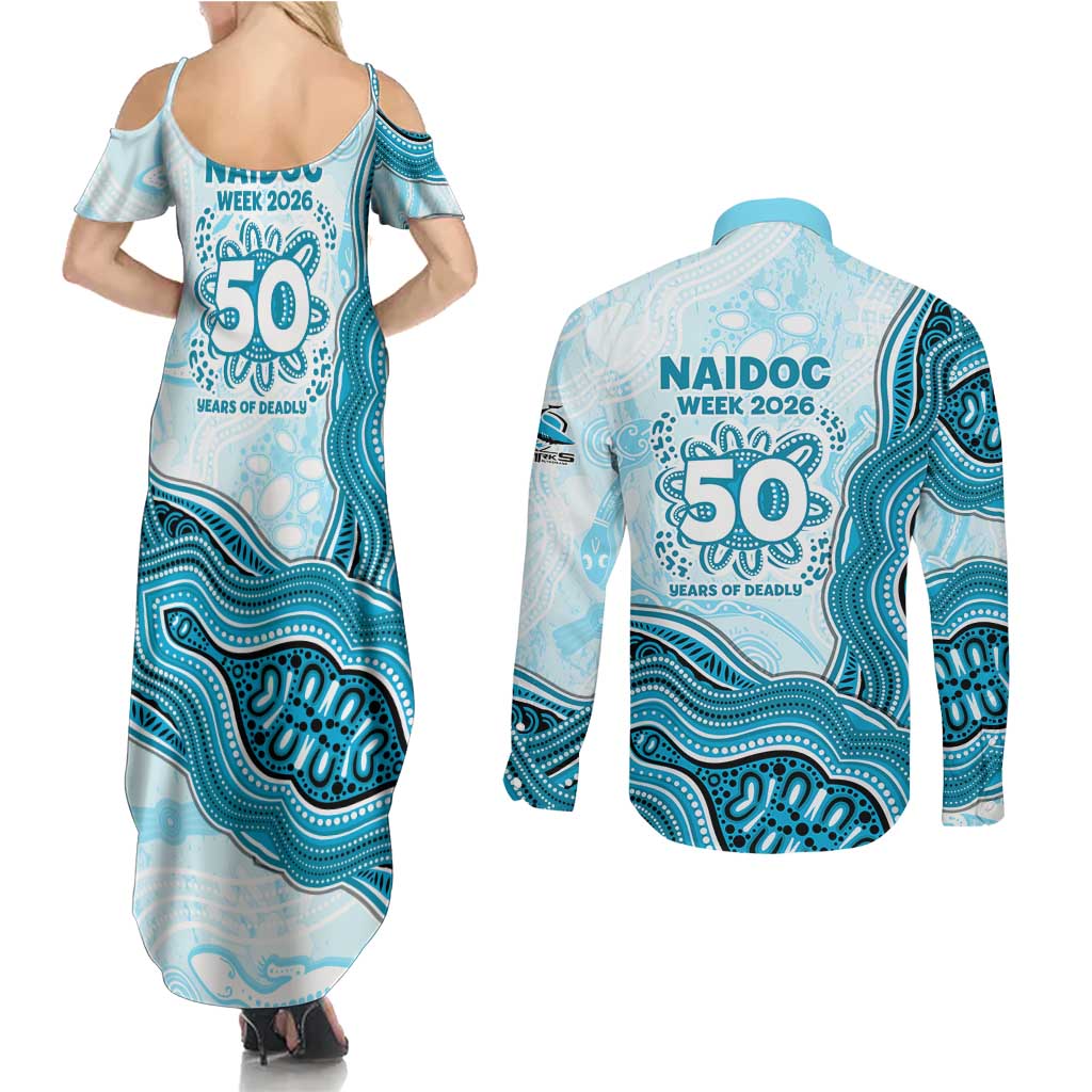Cronulla Sharks NAIDOC Week 2026 Couples Matching Summer Maxi Dress and Long Sleeve Button Shirt First Nations of Australia Aboriginal Mascot Rugby