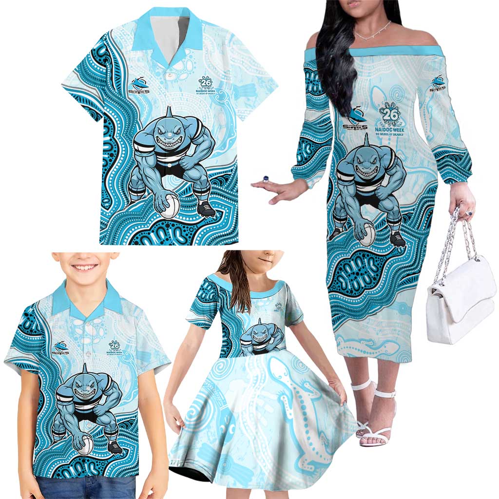 Cronulla Sharks NAIDOC Week 2026 Family Matching Off The Shoulder Long Sleeve Dress and Hawaiian Shirt First Nations of Australia Aboriginal Mascot Rugby