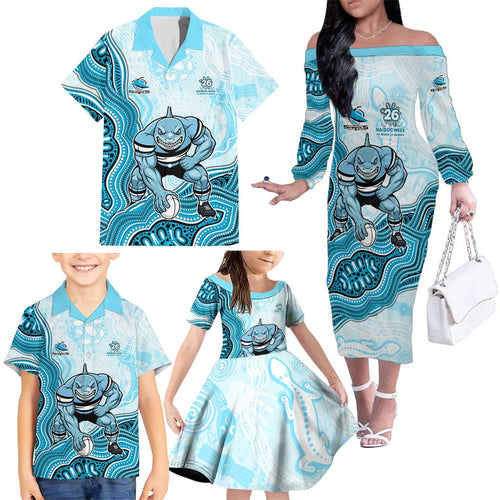Cronulla Sharks NAIDOC Week 2026 Family Matching Off The Shoulder Long Sleeve Dress and Hawaiian Shirt First Nations of Australia Aboriginal Mascot Rugby