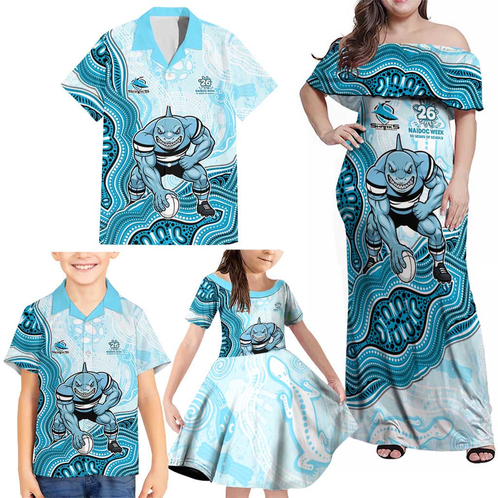 Cronulla Sharks NAIDOC Week 2026 Family Matching Off Shoulder Maxi Dress and Hawaiian Shirt First Nations of Australia Aboriginal Mascot Rugby