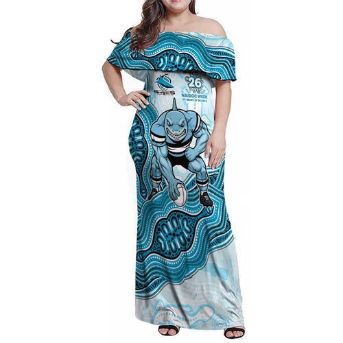 Cronulla Sharks NAIDOC Week 2026 Family Matching Off Shoulder Maxi Dress and Hawaiian Shirt First Nations of Australia Aboriginal Mascot Rugby