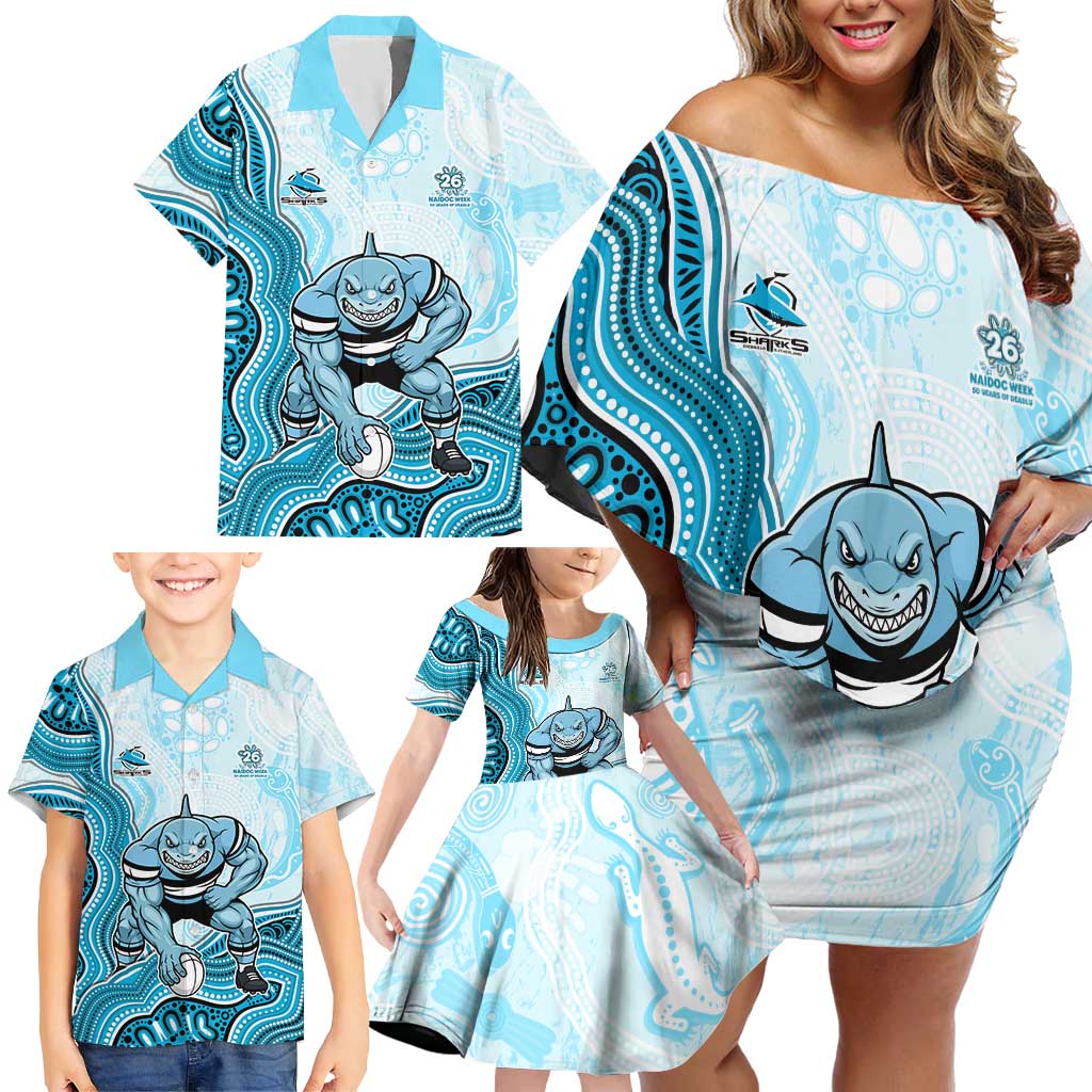 Cronulla Sharks NAIDOC Week 2026 Family Matching Off Shoulder Short Dress and Hawaiian Shirt First Nations of Australia Aboriginal Mascot Rugby