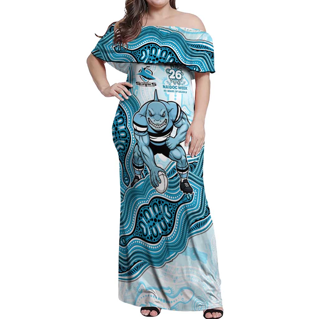 Cronulla Sharks NAIDOC Week 2026 Off Shoulder Maxi Dress First Nations of Australia Aboriginal Mascot Rugby