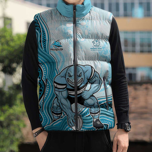 Cronulla Sharks NAIDOC Week 2026 Sleeveless Puffer Jacket First Nations of Australia Aboriginal Mascot Rugby