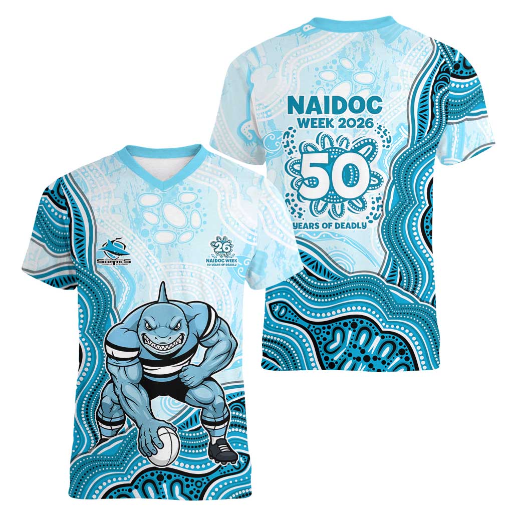 Cronulla Sharks NAIDOC Week 2026 Women V-Neck T-Shirt First Nations of Australia Aboriginal Mascot Rugby