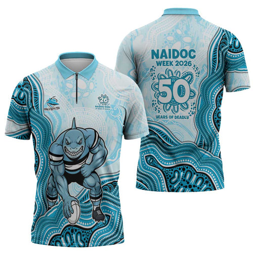 Cronulla Sharks NAIDOC Week 2026 Zipper Polo Shirt First Nations of Australia Aboriginal Mascot Rugby