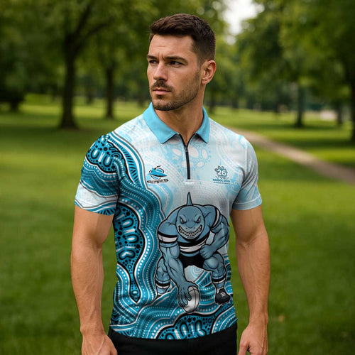 Cronulla Sharks NAIDOC Week 2026 Zipper Polo Shirt First Nations of Australia Aboriginal Mascot Rugby