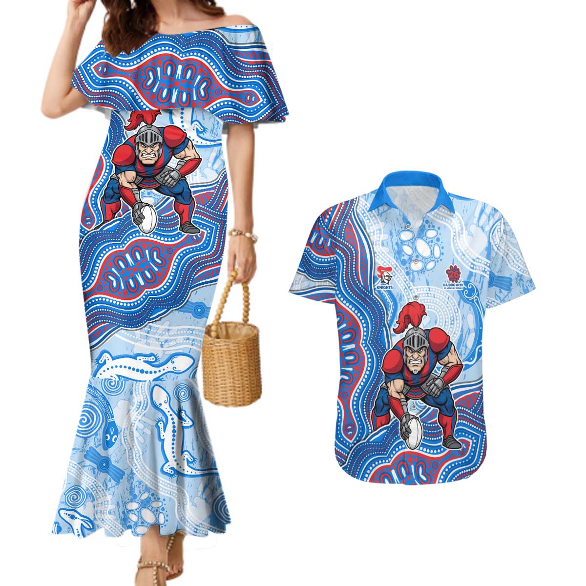 Newcastle Knights NAIDOC Week 2026 Couples Matching Mermaid Dress and Hawaiian Shirt First Nations of Australia Aboriginal Mascot Rugby