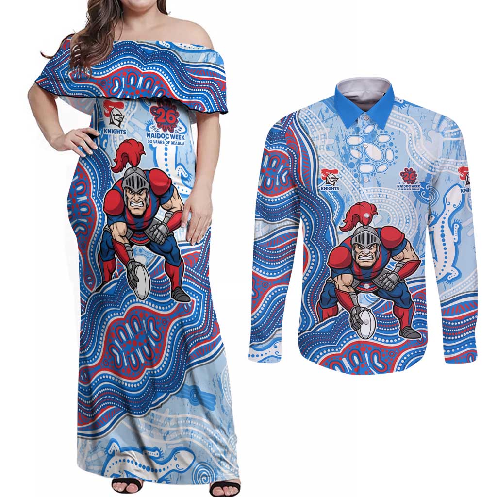 Newcastle Knights NAIDOC Week 2026 Couples Matching Off Shoulder Maxi Dress and Long Sleeve Button Shirt First Nations of Australia Aboriginal Mascot Rugby