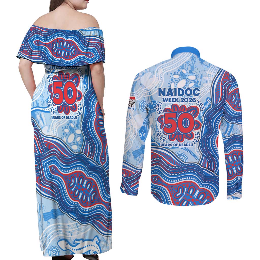 Newcastle Knights NAIDOC Week 2026 Couples Matching Off Shoulder Maxi Dress and Long Sleeve Button Shirt First Nations of Australia Aboriginal Mascot Rugby