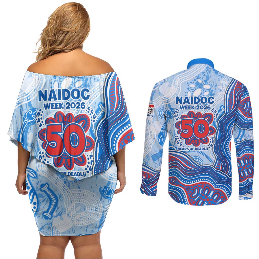 Newcastle Knights NAIDOC Week 2026 Couples Matching Off Shoulder Short Dress and Long Sleeve Button Shirt First Nations of Australia Aboriginal Mascot Rugby