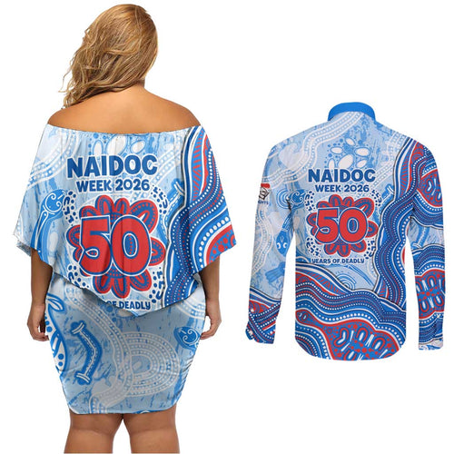 Newcastle Knights NAIDOC Week 2026 Couples Matching Off Shoulder Short Dress and Long Sleeve Button Shirt First Nations of Australia Aboriginal Mascot Rugby