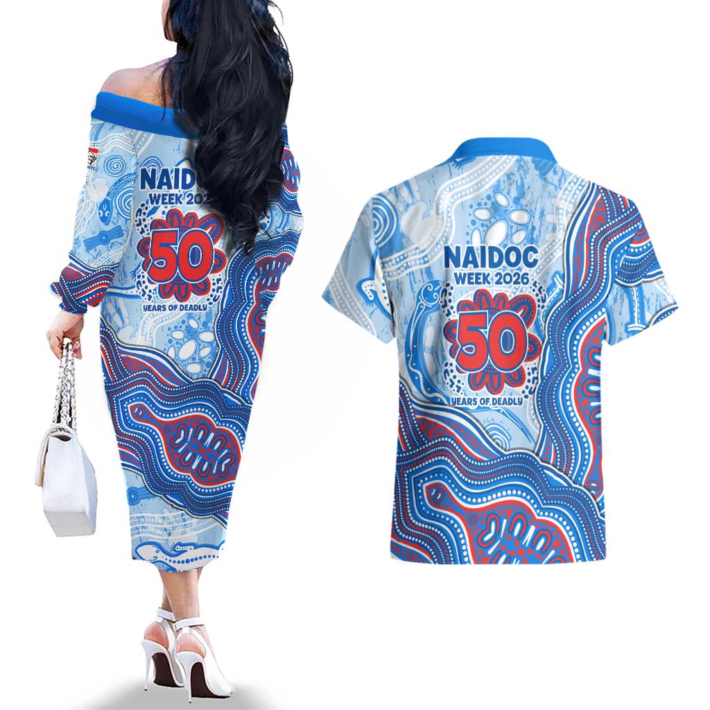 Newcastle Knights NAIDOC Week 2026 Couples Matching Off The Shoulder Long Sleeve Dress and Hawaiian Shirt First Nations of Australia Aboriginal Mascot Rugby