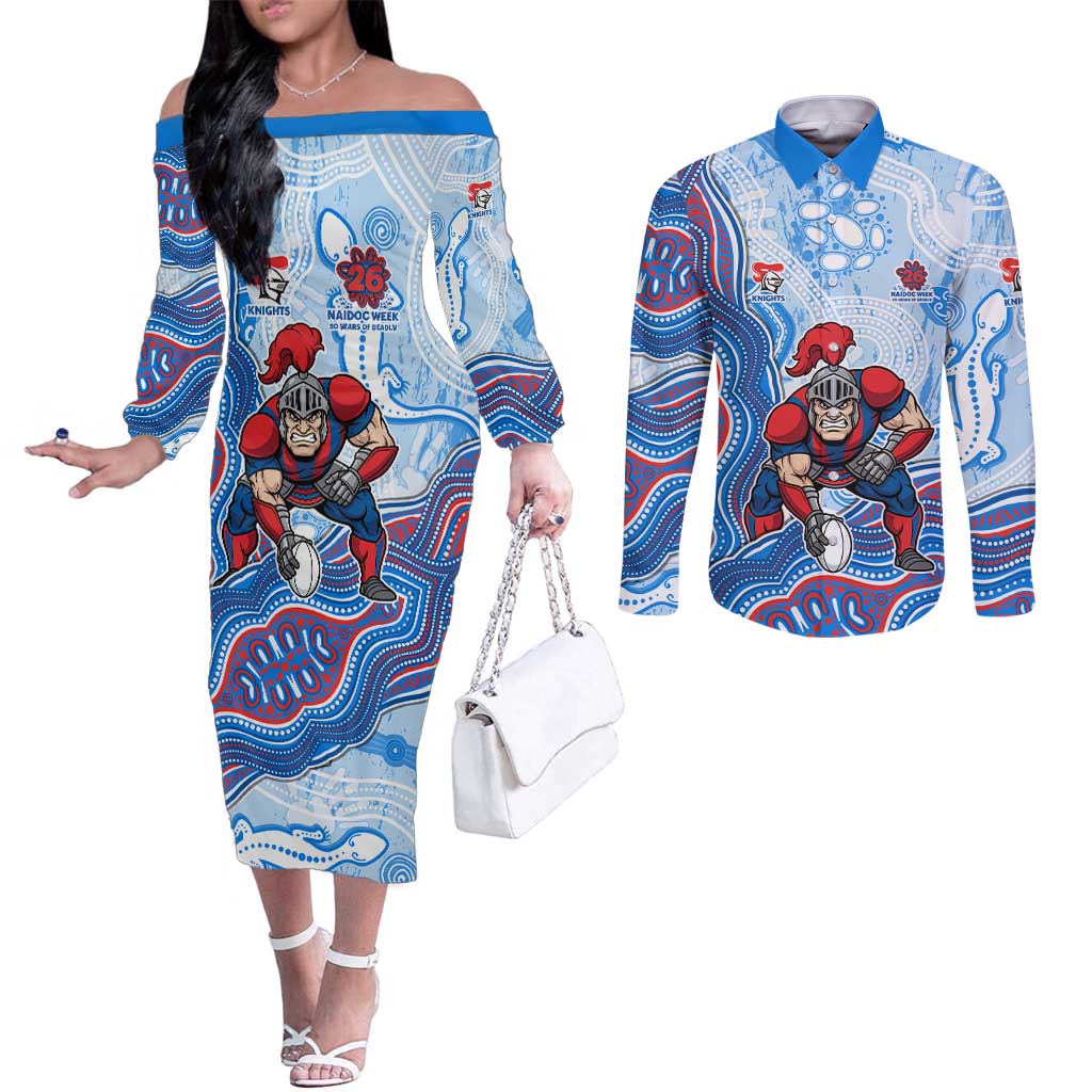 Newcastle Knights NAIDOC Week 2026 Couples Matching Off The Shoulder Long Sleeve Dress and Long Sleeve Button Shirt First Nations of Australia Aboriginal Mascot Rugby