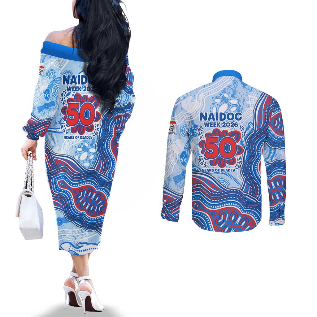 Newcastle Knights NAIDOC Week 2026 Couples Matching Off The Shoulder Long Sleeve Dress and Long Sleeve Button Shirt First Nations of Australia Aboriginal Mascot Rugby