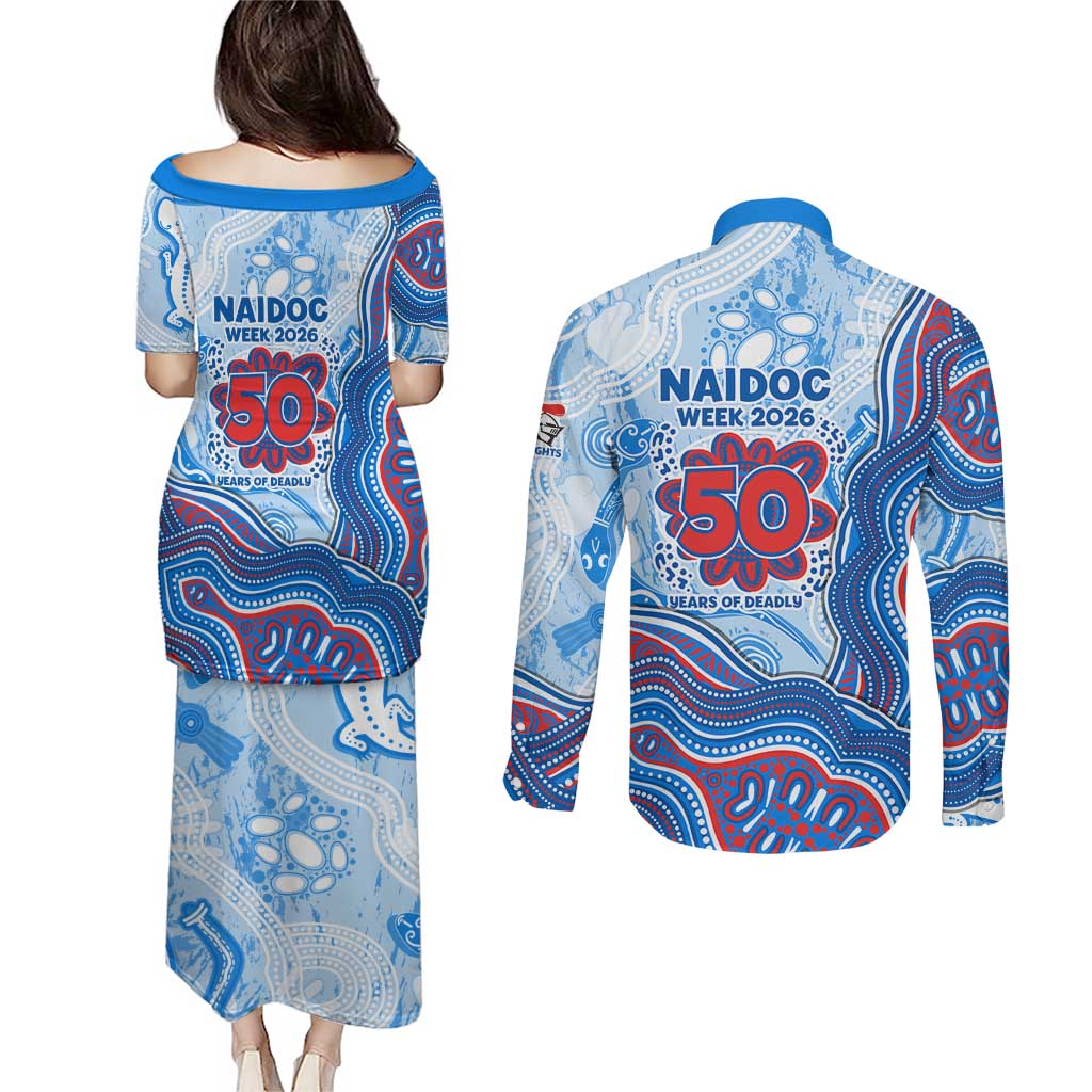 Newcastle Knights NAIDOC Week 2026 Couples Matching Puletasi and Long Sleeve Button Shirt First Nations of Australia Aboriginal Mascot Rugby