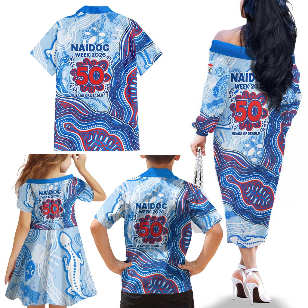 Newcastle Knights NAIDOC Week 2026 Family Matching Off The Shoulder Long Sleeve Dress and Hawaiian Shirt First Nations of Australia Aboriginal Mascot Rugby