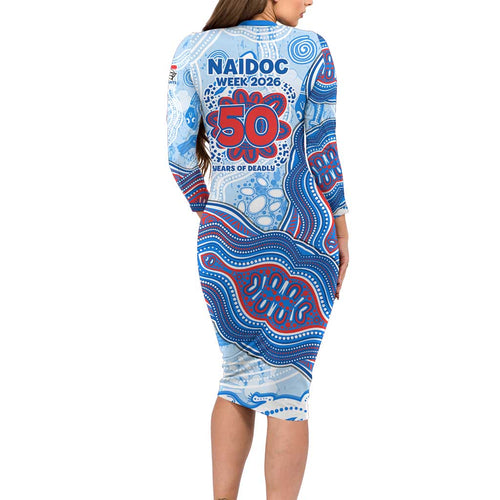 Newcastle Knights NAIDOC Week 2026 Long Sleeve Bodycon Dress First Nations of Australia Aboriginal Mascot Rugby