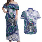 New Zealand Warriors NAIDOC Week 2026 Couples Matching Off Shoulder Maxi Dress and Hawaiian Shirt First Nations of Australia Aboriginal Mascot Rugby