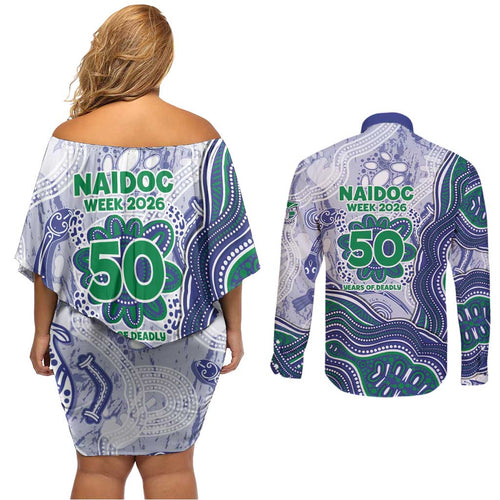 New Zealand Warriors NAIDOC Week 2026 Couples Matching Off Shoulder Short Dress and Long Sleeve Button Shirt First Nations of Australia Aboriginal Mascot Rugby