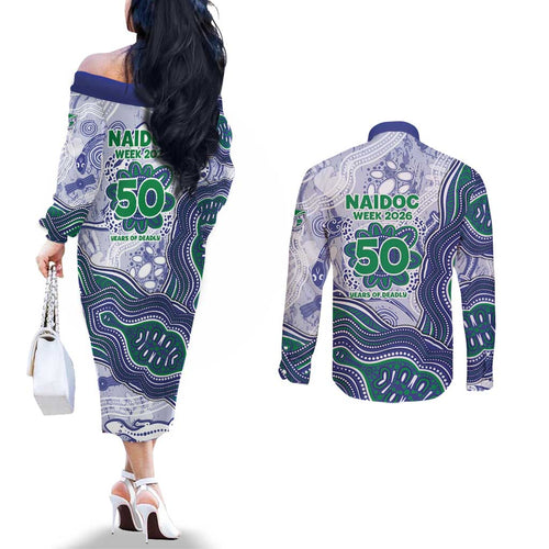 New Zealand Warriors NAIDOC Week 2026 Couples Matching Off The Shoulder Long Sleeve Dress and Long Sleeve Button Shirt First Nations of Australia Aboriginal Mascot Rugby