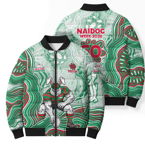 South Sydney Rabbitohs NAIDOC Week 2026 Bomber Puffer Jacket First Nations of Australia Aboriginal Mascot Rugby