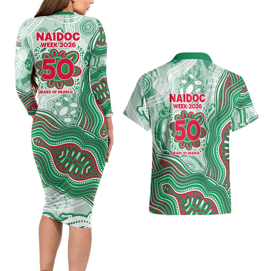 South Sydney Rabbitohs NAIDOC Week 2026 Couples Matching Long Sleeve Bodycon Dress and Hawaiian Shirt First Nations of Australia Aboriginal Mascot Rugby