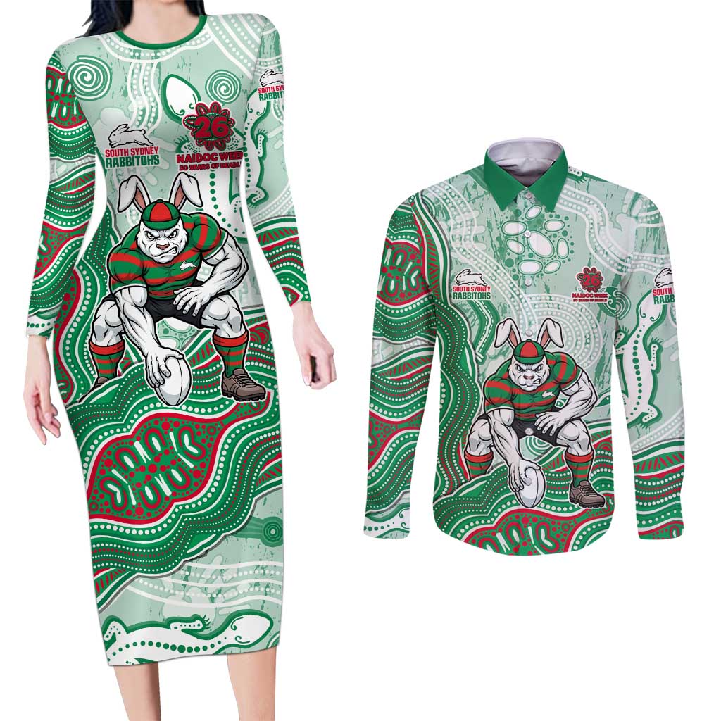 South Sydney Rabbitohs NAIDOC Week 2026 Couples Matching Long Sleeve Bodycon Dress and Long Sleeve Button Shirt First Nations of Australia Aboriginal Mascot Rugby