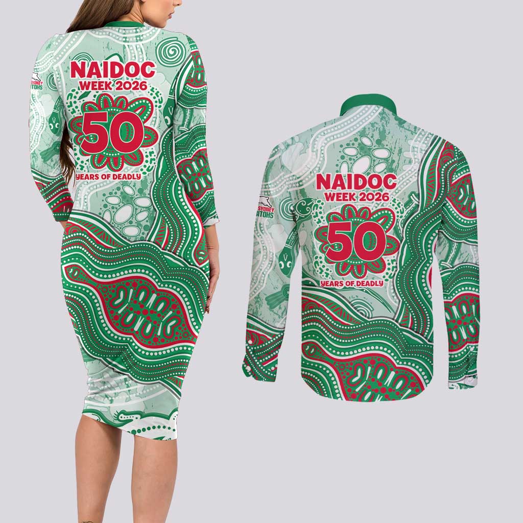 South Sydney Rabbitohs NAIDOC Week 2026 Couples Matching Long Sleeve Bodycon Dress and Long Sleeve Button Shirt First Nations of Australia Aboriginal Mascot Rugby
