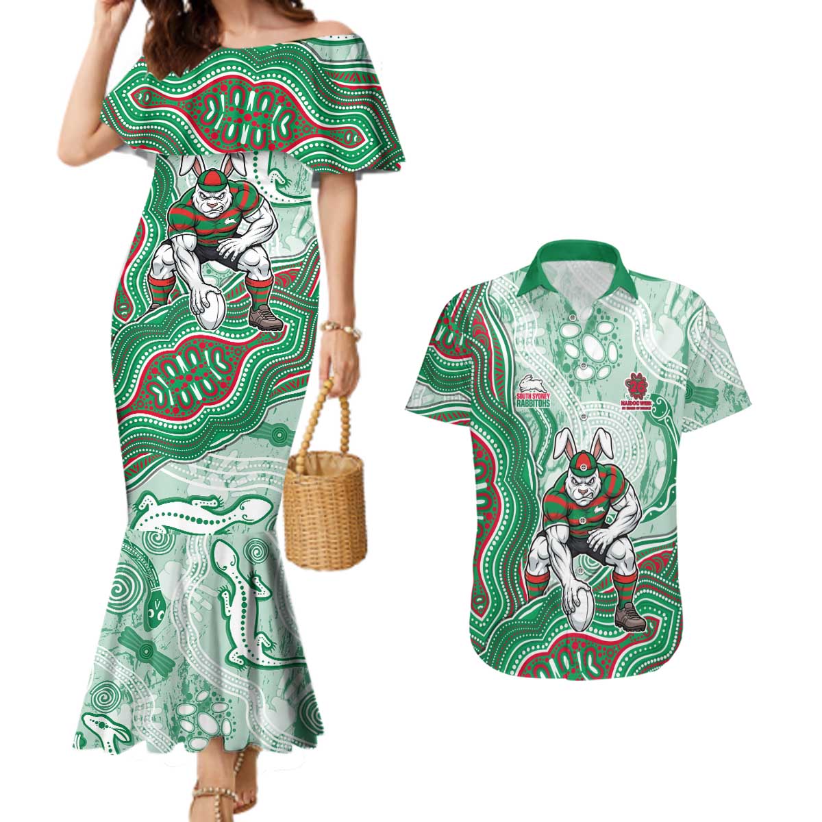 South Sydney Rabbitohs NAIDOC Week 2026 Couples Matching Mermaid Dress and Hawaiian Shirt First Nations of Australia Aboriginal Mascot Rugby