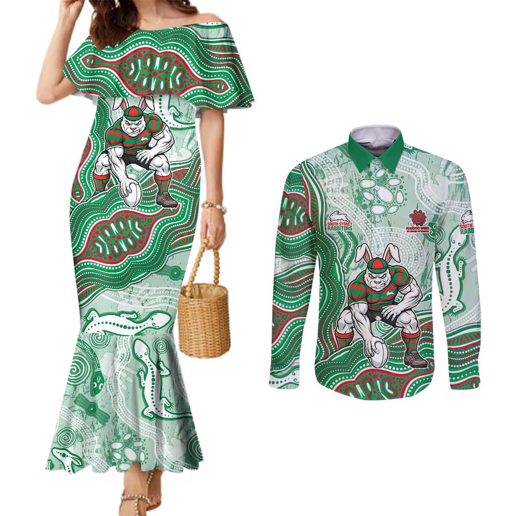 South Sydney Rabbitohs NAIDOC Week 2026 Couples Matching Mermaid Dress and Long Sleeve Button Shirt First Nations of Australia Aboriginal Mascot Rugby